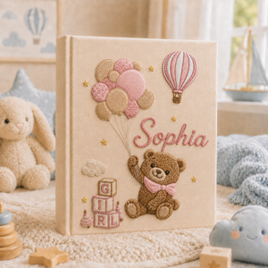 Personalized Hand Embroidered Baby Girl Photo Album, Embroidered Teddy Bear Balloon Memory Book, Newborn Keepsake Album, Baby Shower Gift