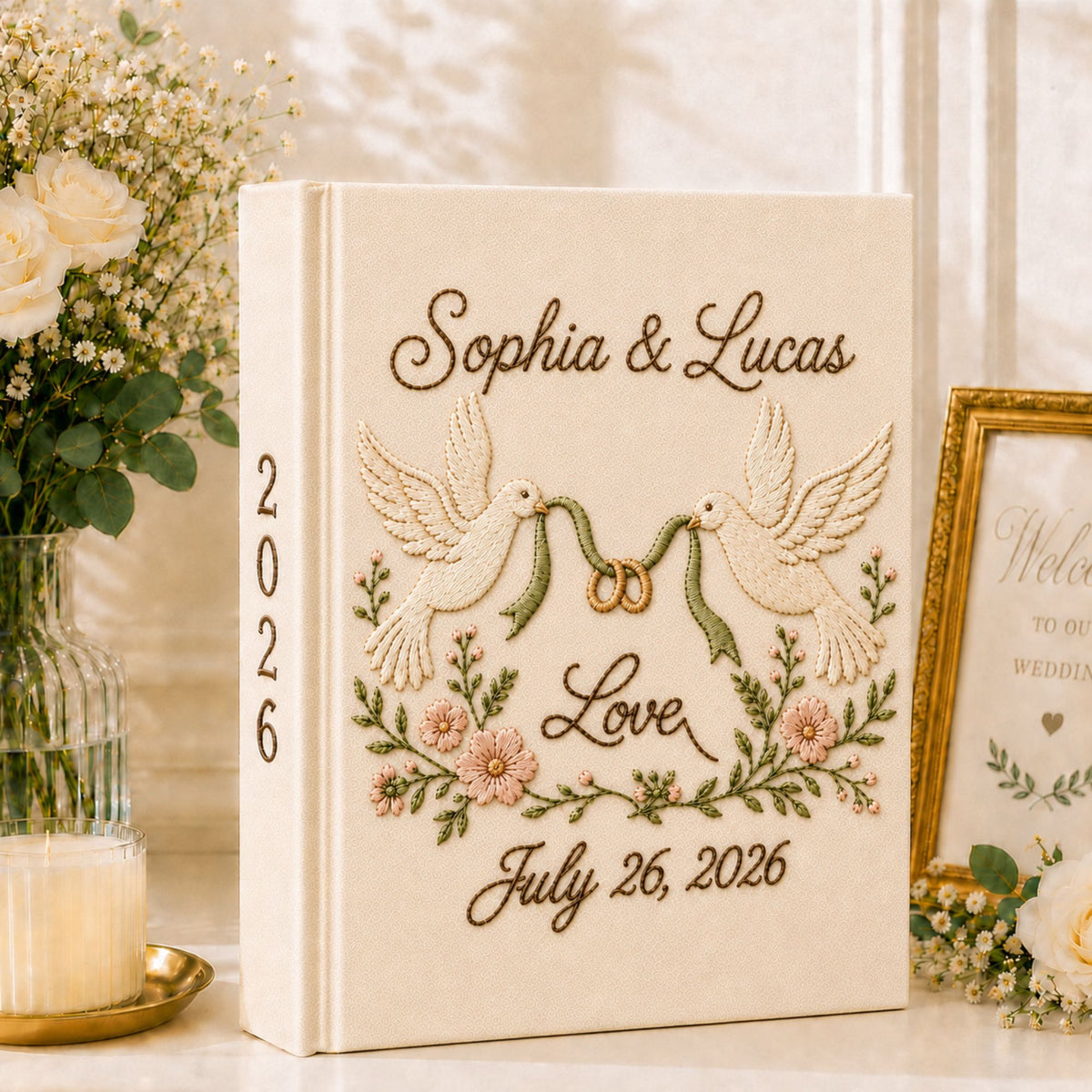 Custom Hand Embroidered Linen Wedding Photo Album, Love Birds Heart Wedding Memory Book, Linen Love Birds Wedding Book, Bridal Shower Gift