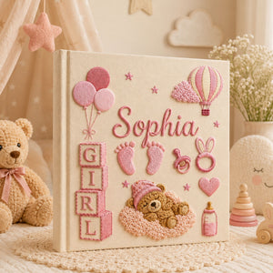 Hand Embroidered Teddy Bear Baby Photo Album, Custom Keepsake Embroidered Baby Memory Book, Newborn Keepsake Album, Custom Baby Shower Gift