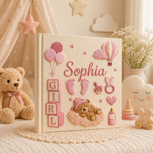 Hand Embroidered Teddy Bear Baby Photo Album, Custom Keepsake Embroidered Baby Memory Book, Newborn Keepsake Album, Custom Baby Shower Gift