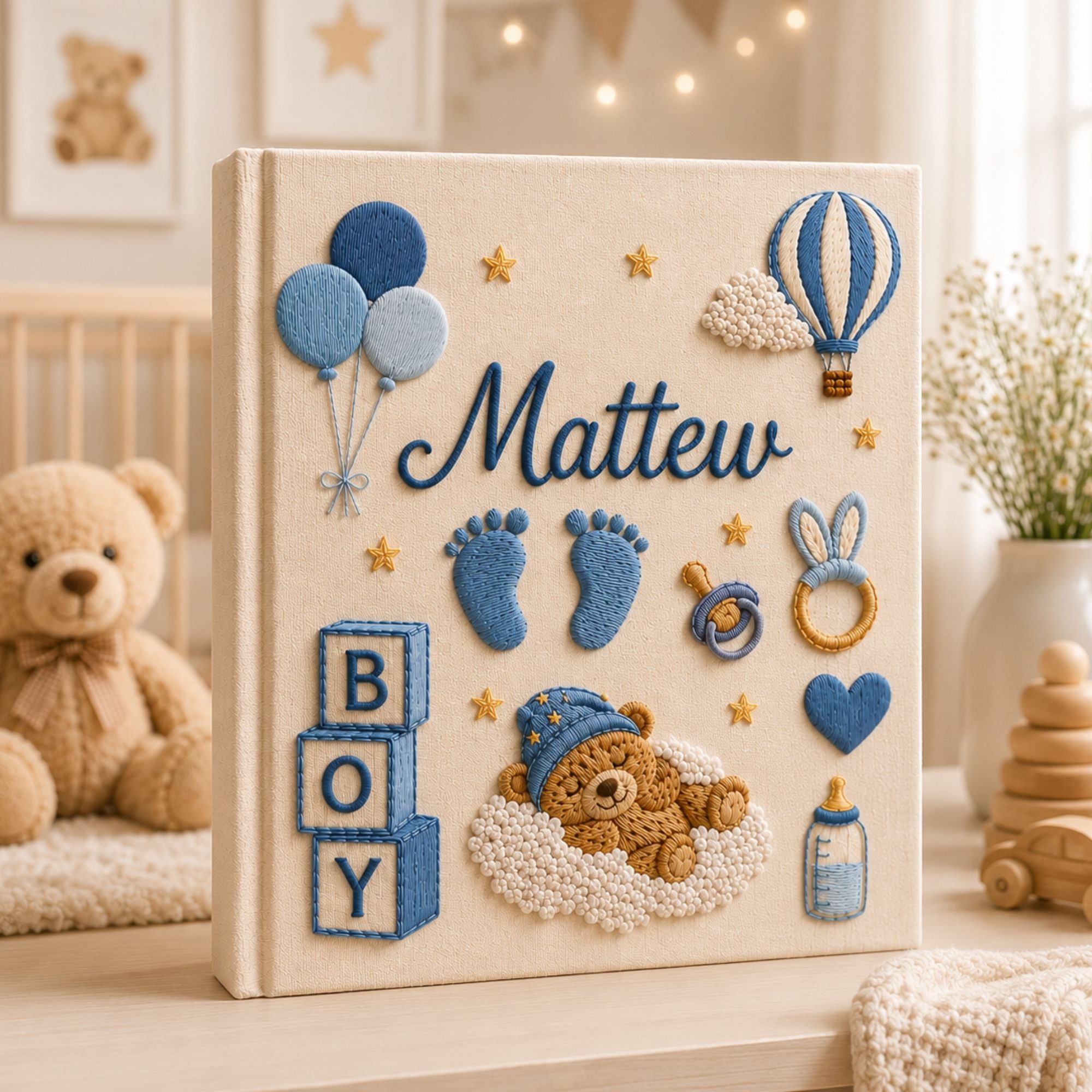 Hand Embroidered Teddy Bear Baby Boy Photo Album, Custom Keepsake Embroidered Baby Memory Book, Newborn Keepsake Album, Custom Baby Shower Gift