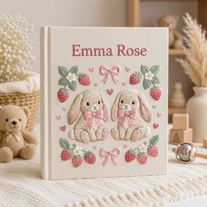 Hand Embroidered Baby Photo Album, Personalized Baby Memory Book, Custom Name Keepsake Album, Bunny Floral Nursery Gift, Baby Shower Gift