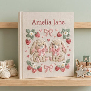 Hand Embroidered Baby Photo Album, Personalized Baby Memory Book, Custom Name Keepsake Album, Bunny Floral Nursery Gift, Baby Shower Gift