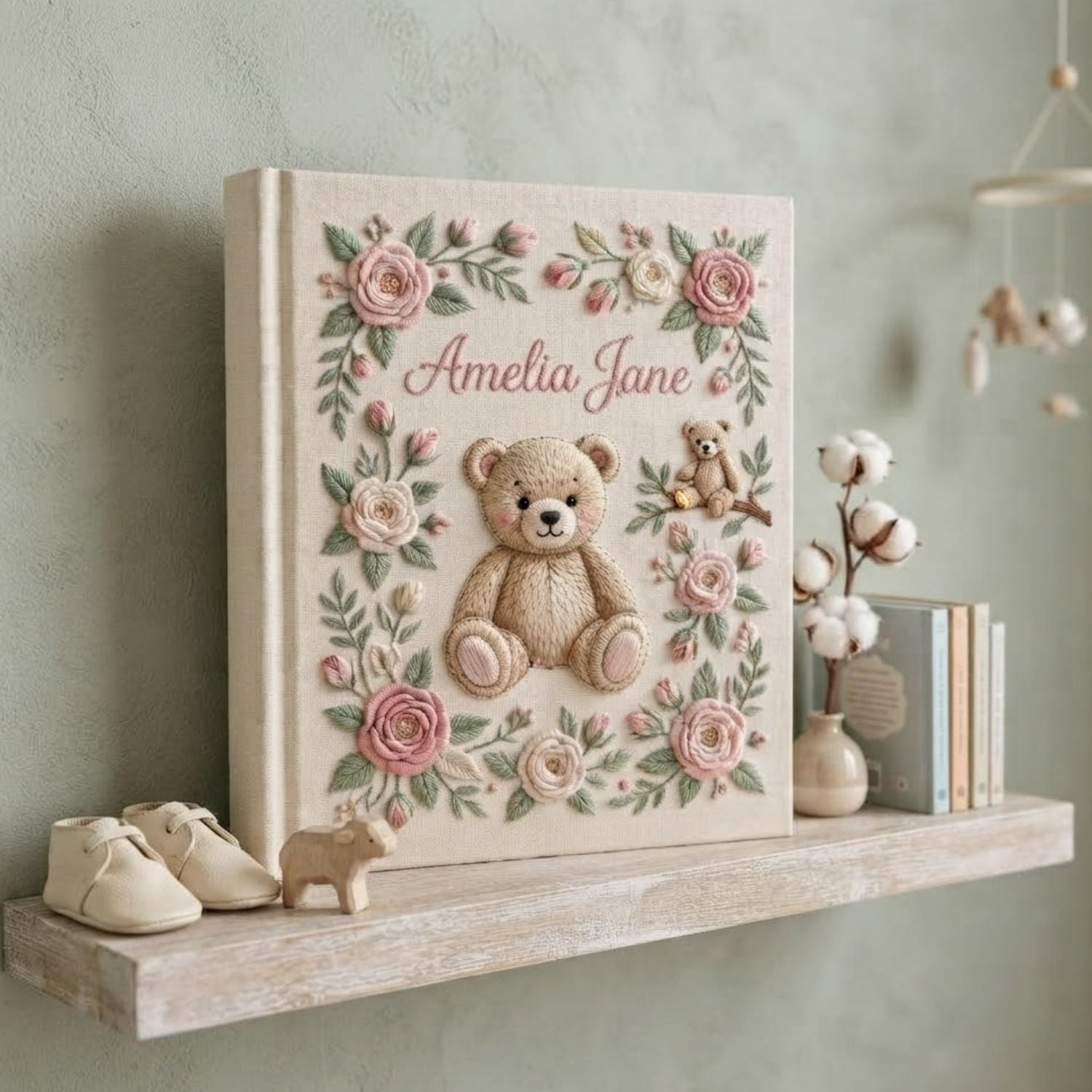 Hand Embroidered Baby Photo Album, Personalized Teddy Bear Baby Book, Custom Name Floral Rose Nursery Keepsake, Baby Shower Gift