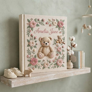 Hand Embroidered Baby Photo Album, Personalized Teddy Bear Baby Book, Custom Name Floral Rose Nursery Keepsake, Baby Shower Gift