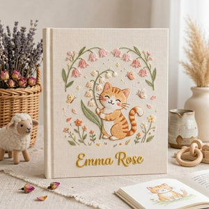 Hand Embroidered Baby Photo Album, Personalized Kitten Baby Book, Custom Name Floral Cat Nursery Keepsake, Baby Shower Gift