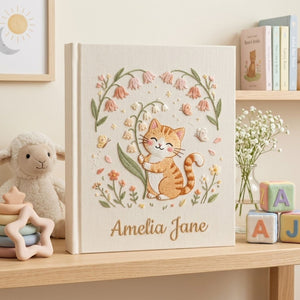 Hand Embroidered Baby Photo Album, Personalized Kitten Baby Book, Custom Name Floral Cat Nursery Keepsake, Baby Shower Gift