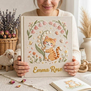 Hand Embroidered Baby Photo Album, Personalized Kitten Baby Book, Custom Name Floral Cat Nursery Keepsake, Baby Shower Gift