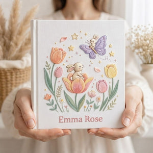Hand Embroidered Baby Photo Album, Personalized Bunny Baby Book, Custom Name Butterfly Floral Nursery Keepsake, Baby Shower Gift