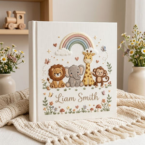 Hand Embroidered Baby Photo Album, Personalized Safari Animals Baby Book, Custom Name Jungle Rainbow Nursery Keepsake, Baby Shower Gift