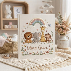Hand Embroidered Baby Photo Album, Personalized Safari Animals Baby Book, Custom Name Jungle Rainbow Nursery Keepsake, Baby Shower Gift