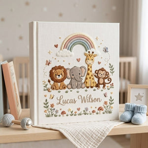 Hand Embroidered Baby Photo Album, Personalized Safari Animals Baby Book, Custom Name Jungle Rainbow Nursery Keepsake, Baby Shower Gift