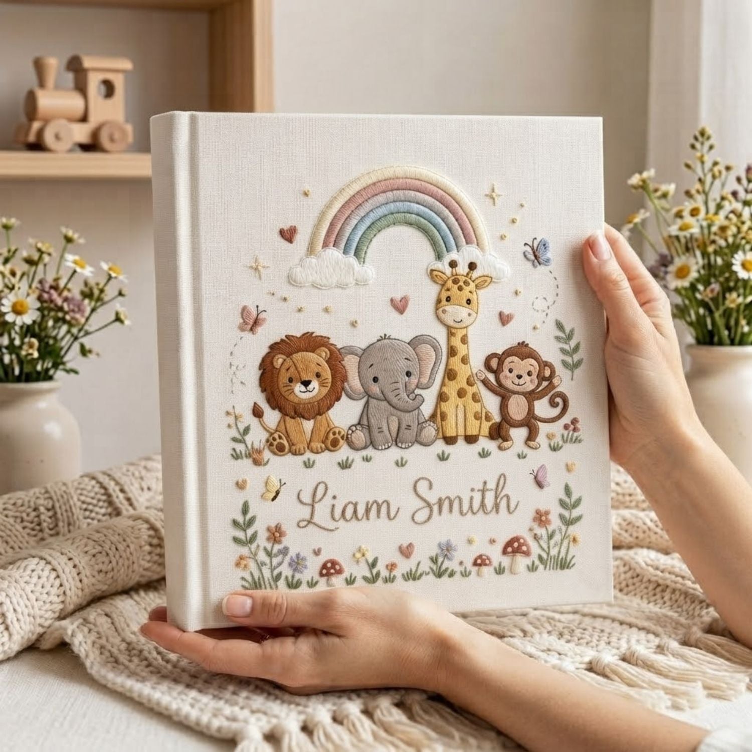 Hand Embroidered Baby Photo Album, Personalized Safari Animals Baby Book, Custom Name Jungle Rainbow Nursery Keepsake, Baby Shower Gift