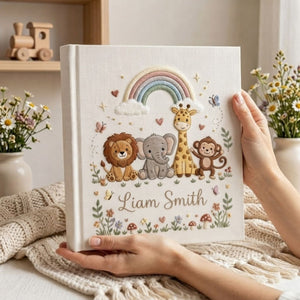 Hand Embroidered Baby Photo Album, Personalized Safari Animals Baby Book, Custom Name Jungle Rainbow Nursery Keepsake, Baby Shower Gift
