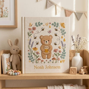 Hand Embroidered Baby Photo Album, Personalized Teddy Bear Baby Book, Custom Name Honey Bee Bear Nursery Keepsake, Baby Shower Gift