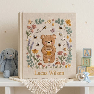Hand Embroidered Baby Photo Album, Personalized Teddy Bear Baby Book, Custom Name Honey Bee Bear Nursery Keepsake, Baby Shower Gift