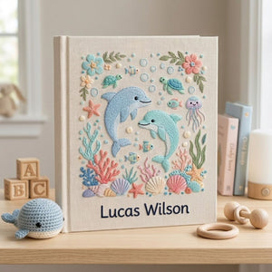 Hand Embroidered Baby Photo Album, Personalized Ocean Baby Book, Custom Name Dolphin Sea Animal Nursery Keepsake, Baby Shower Gift