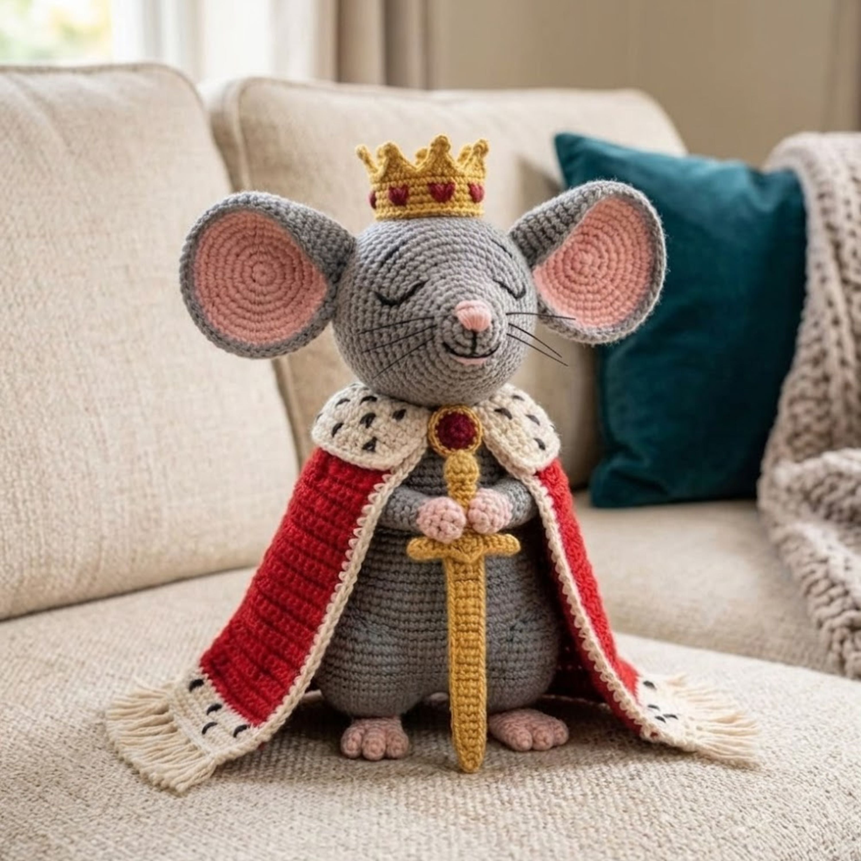 Crochet King Mouse Plush, Handmade Royal Amigurumi Mouse Doll with Crown Cape Sword, Cute Nursery Decor Gift for Kids and Collectors Toy Set