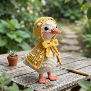 Crochet Duck Plush in Yellow Hooded Raincoat, Handmade Amigurumi Goose Doll, Cute Farm Animal Nursery Decor Gift for Kids Collectors Toy Set