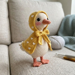 Crochet Duck Plush in Yellow Hooded Raincoat, Handmade Amigurumi Goose Doll, Cute Farm Animal Nursery Decor Gift for Kids Collectors Toy Set