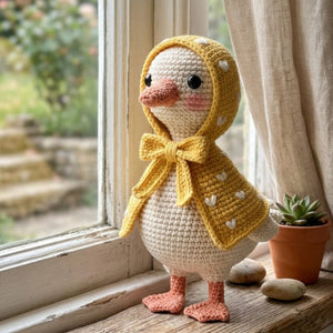 Crochet Duck Plush in Yellow Hooded Raincoat, Handmade Amigurumi Goose Doll, Cute Farm Animal Nursery Decor Gift for Kids Collectors Toy Set