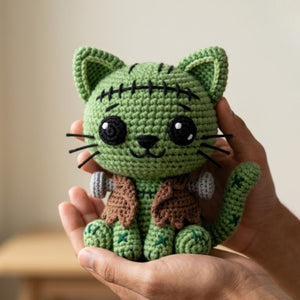 Crochet Frankenstein Cat Plush Handmade Amigurumi Monster Kitty Doll, Cute Halloween Nursery Decor Gift for Kids Collectors Shelf Decor Toys