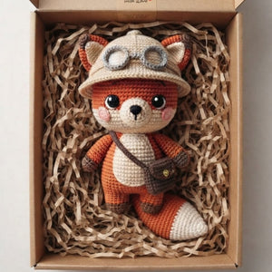 Crochet Explorer Fox Plush, Handmade Amigurumi Fox Doll with Safari Hat Goggles Bag Cute Woodland Nursery Decor Gift for Kids Collectors Toy