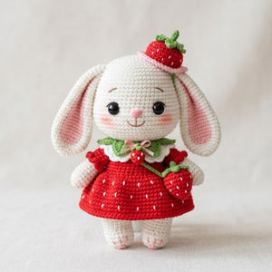 Crochet Strawberry Bunny Plush, Handmade Amigurumi Rabbit Doll in Berry Dress, Cute Nursery Decor Gift for Baby Kids Collectors Display Toys