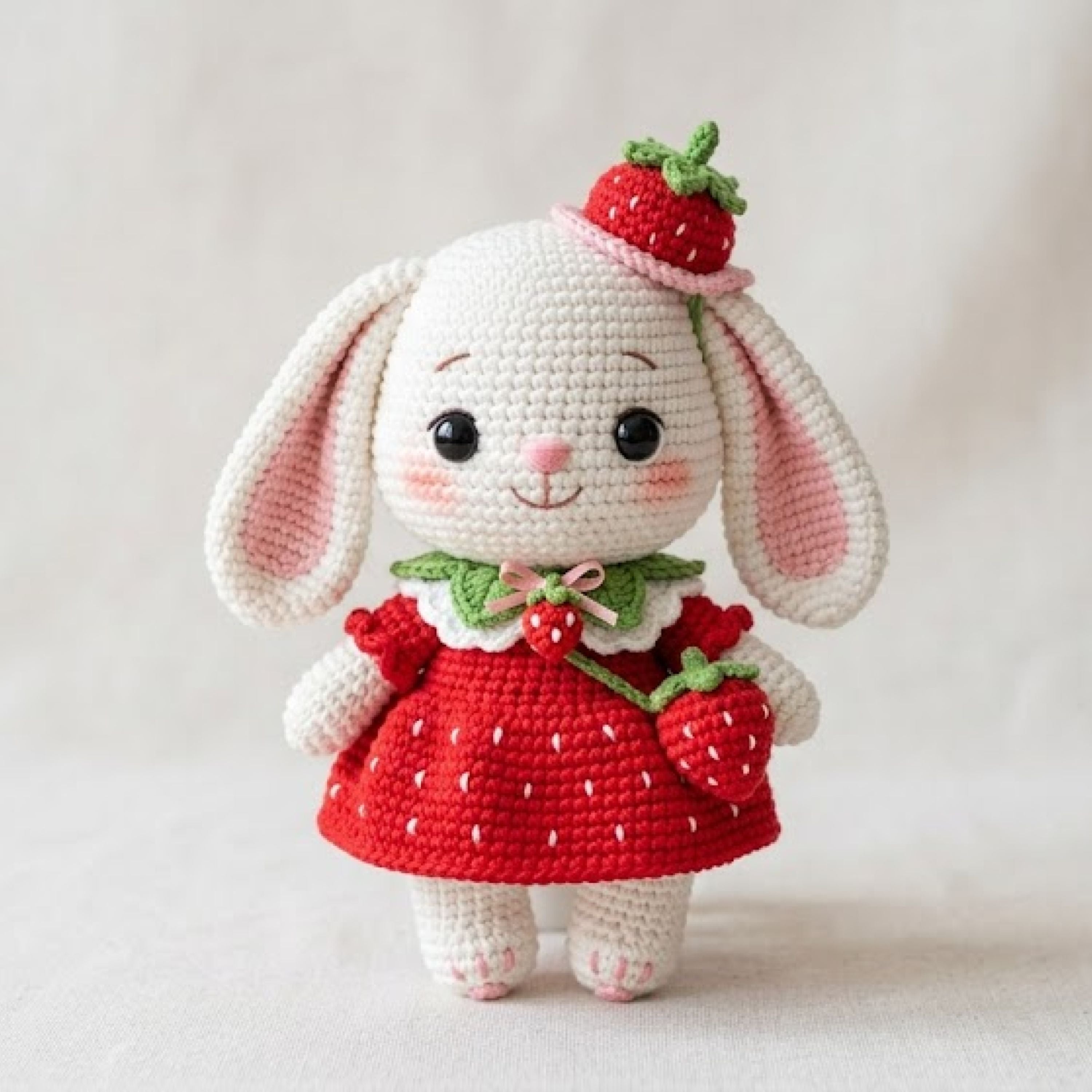 Crochet Strawberry Bunny Plush, Handmade Amigurumi Rabbit Doll in Berry Dress, Cute Nursery Decor Gift for Baby Kids Collectors Display Toys