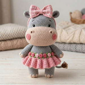 Crochet Hippo Plush, Handmade Amigurumi Hippo Doll with Pink Bow Skirt, Cute Safari Animal Nursery Decor Gift for Kids Collectors Shelf Toys
