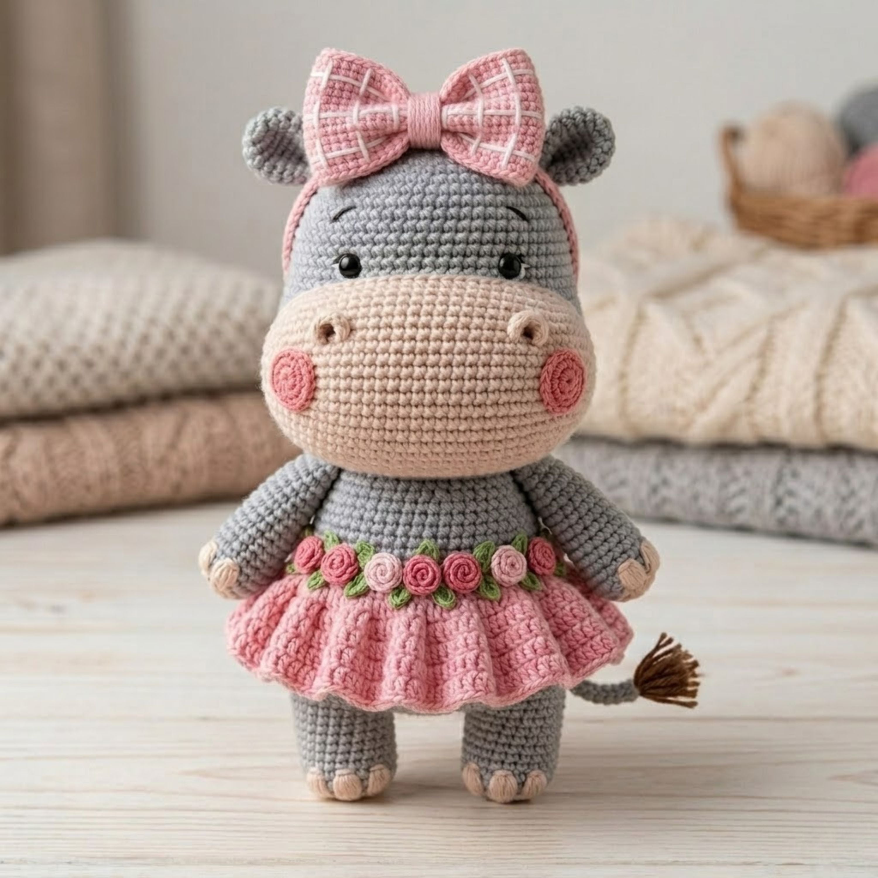 Crochet Hippo Plush, Handmade Amigurumi Hippo Doll with Pink Bow Skirt, Cute Safari Animal Nursery Decor Gift for Kids Collectors Shelf Toys