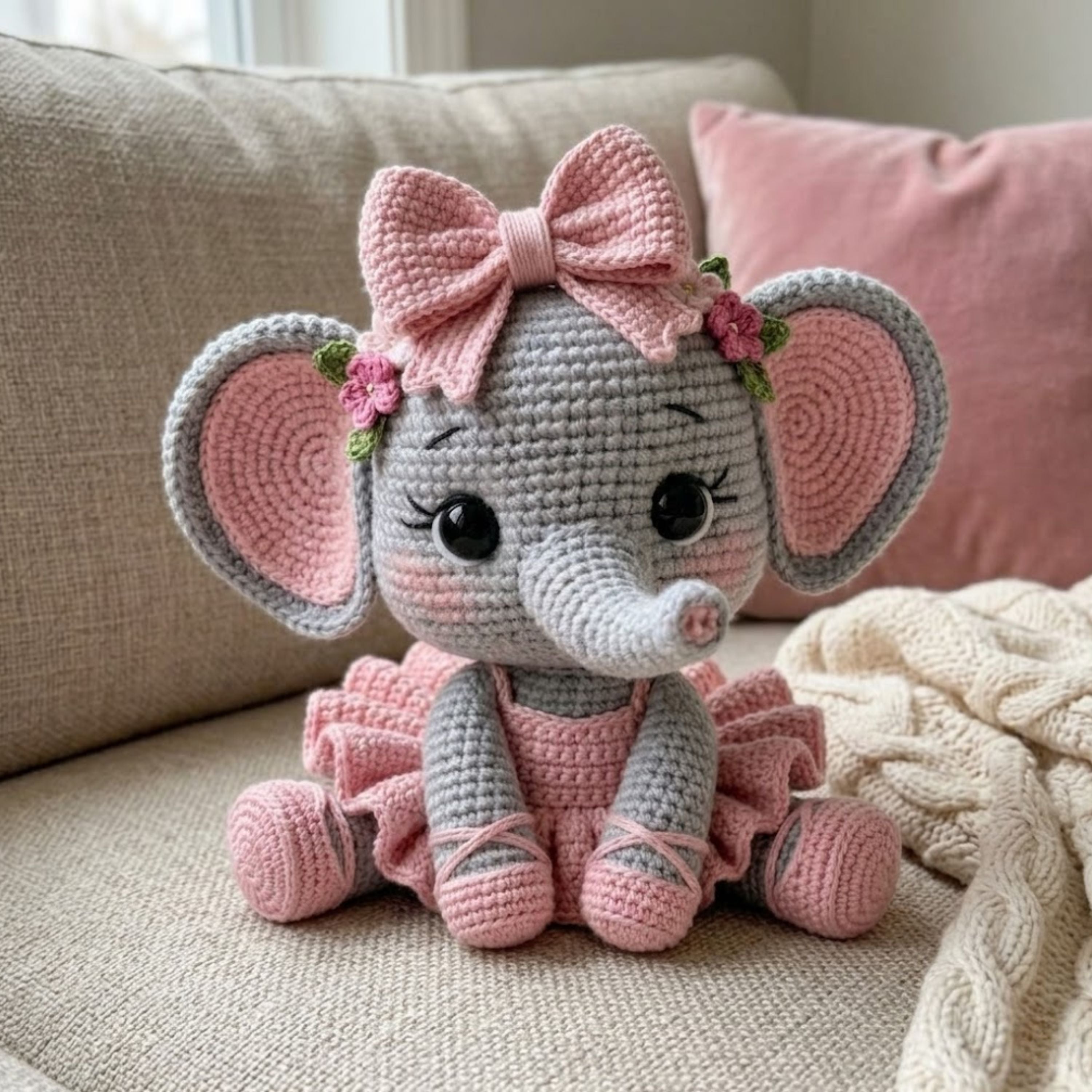 Crochet Baby Elephant Plush, Handmade Amigurumi Elephant Doll with Pink Bow Tutu Dress, Cute Nursery Decor Gift for Baby Kids Collectors Toy