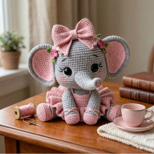 Crochet Baby Elephant Plush, Handmade Amigurumi Elephant Doll with Pink Bow Tutu Dress, Cute Nursery Decor Gift for Baby Kids Collectors Toy