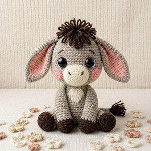 Crochet Baby Donkey Plush, Handmade Amigurumi Donkey Doll with Floppy Ears, Cute Farm Animal Nursery Decor Gift for Kids Collectors Room Toy