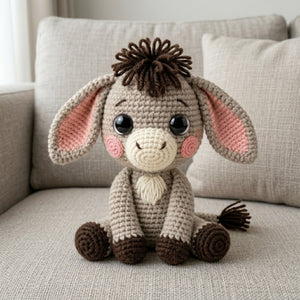 Crochet Baby Donkey Plush, Handmade Amigurumi Donkey Doll with Floppy Ears, Cute Farm Animal Nursery Decor Gift for Kids Collectors Room Toy