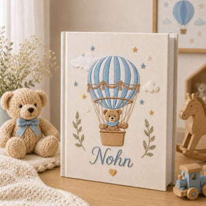 Hand Embroidered Baby Photo Album with Teddy Bear, Custom Linen Baby Memory Book, Hot Air Balloon Rainbow Nursery Album, Baby Shower Gift
