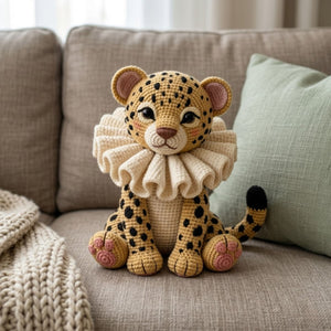 Crochet Leopard Cub Plush, Handmade Amigurumi Cheetah Doll with Ruffle Collar, Cute Safari Nursery Decor Gift for Kids Collectors Toy Decor