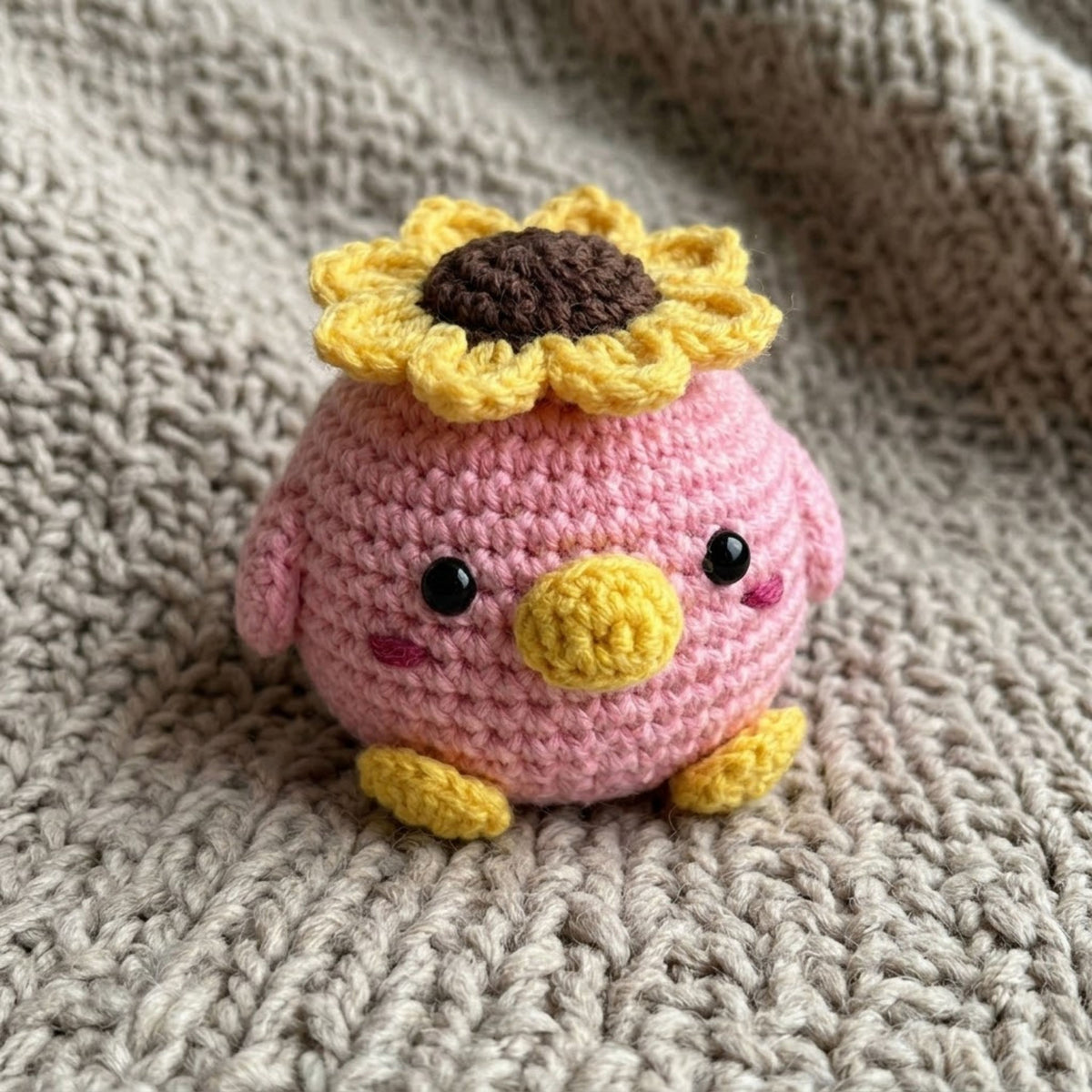Crochet Sunflower Chick Plush, Handmade Amigurumi Pink Bird Doll with Flower Hat, Cute Nursery Decor Gift for Baby Kids Collectors Toy Decor
