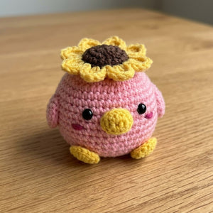 Crochet Sunflower Chick Plush, Handmade Amigurumi Pink Bird Doll with Flower Hat, Cute Nursery Decor Gift for Baby Kids Collectors Toy Decor