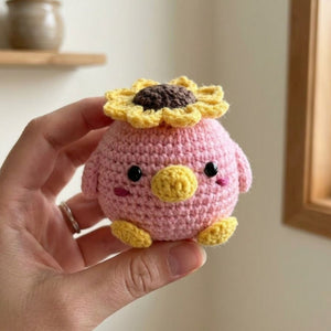 Crochet Sunflower Chick Plush, Handmade Amigurumi Pink Bird Doll with Flower Hat, Cute Nursery Decor Gift for Baby Kids Collectors Toy Decor
