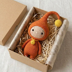 Crochet Orange Gnome Plush, Handmade Amigurumi Elf Doll with Curved Hat Yellow Pom, Cute Nursery Decor Gift for Baby Kids Collectors Toy Set