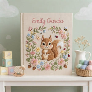 Hand Embroidered Baby Photo Album, Personalized Baby Album, Custom Baby Memory Book, Woodland Squirrel Keepsake, Baby Shower Gift