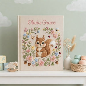 Hand Embroidered Baby Photo Album, Personalized Baby Album, Custom Baby Memory Book, Woodland Squirrel Keepsake, Baby Shower Gift