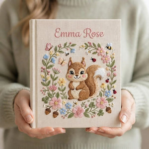 Hand Embroidered Baby Photo Album, Personalized Baby Album, Custom Baby Memory Book, Woodland Squirrel Keepsake, Baby Shower Gift