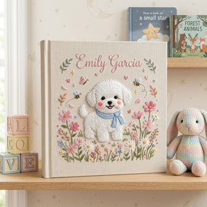 Hand Embroidered Baby Photo Album, Personalized Puppy Baby Book, Custom Name Dog Floral Nursery Keepsake, Baby Shower Gift