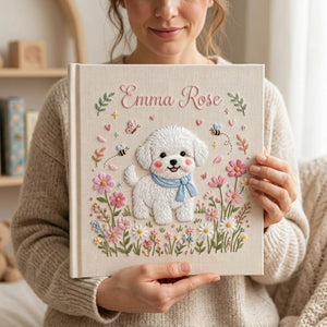 Hand Embroidered Baby Photo Album, Personalized Puppy Baby Book, Custom Name Dog Floral Nursery Keepsake, Baby Shower Gift