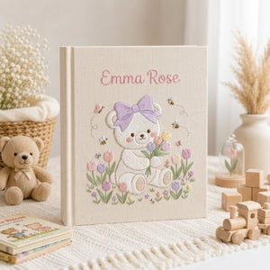 Hand Embroidered Baby Photo Album, Personalized Teddy Bear Baby Book, Custom Name Bow Bear Floral Nursery Keepsake, Baby Shower Gift