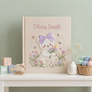 Hand Embroidered Baby Photo Album, Personalized Teddy Bear Baby Book, Custom Name Bow Bear Floral Nursery Keepsake, Baby Shower Gift