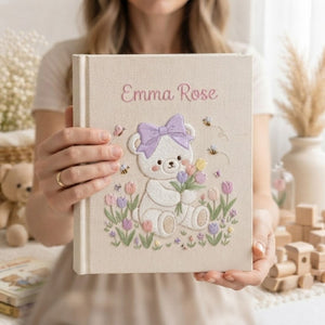 Hand Embroidered Baby Photo Album, Personalized Teddy Bear Baby Book, Custom Name Bow Bear Floral Nursery Keepsake, Baby Shower Gift