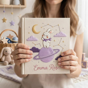 Hand Embroidered Baby Photo Album, Personalized Bunny Space Baby Book, Custom Name Moon Planet Nursery Keepsake, Baby Shower Gift